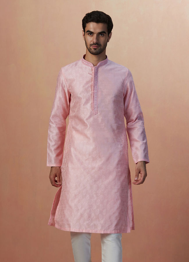 Pink Paisley Self Design Kurta Pajama image number 1